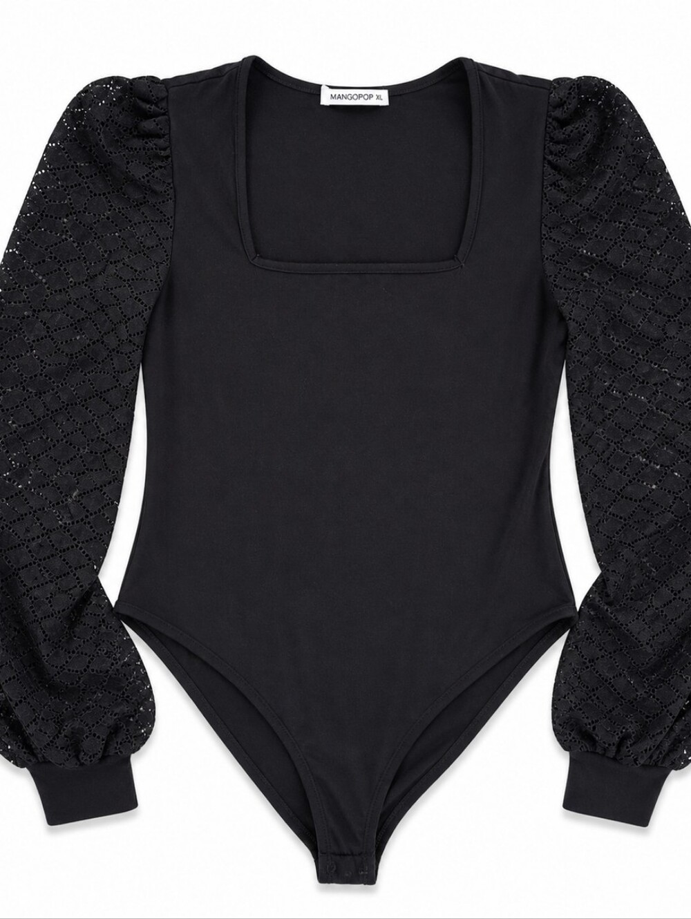 Mango Black Lace Sleeve Bodysuit XL Elegant Sheer Sleeve Top